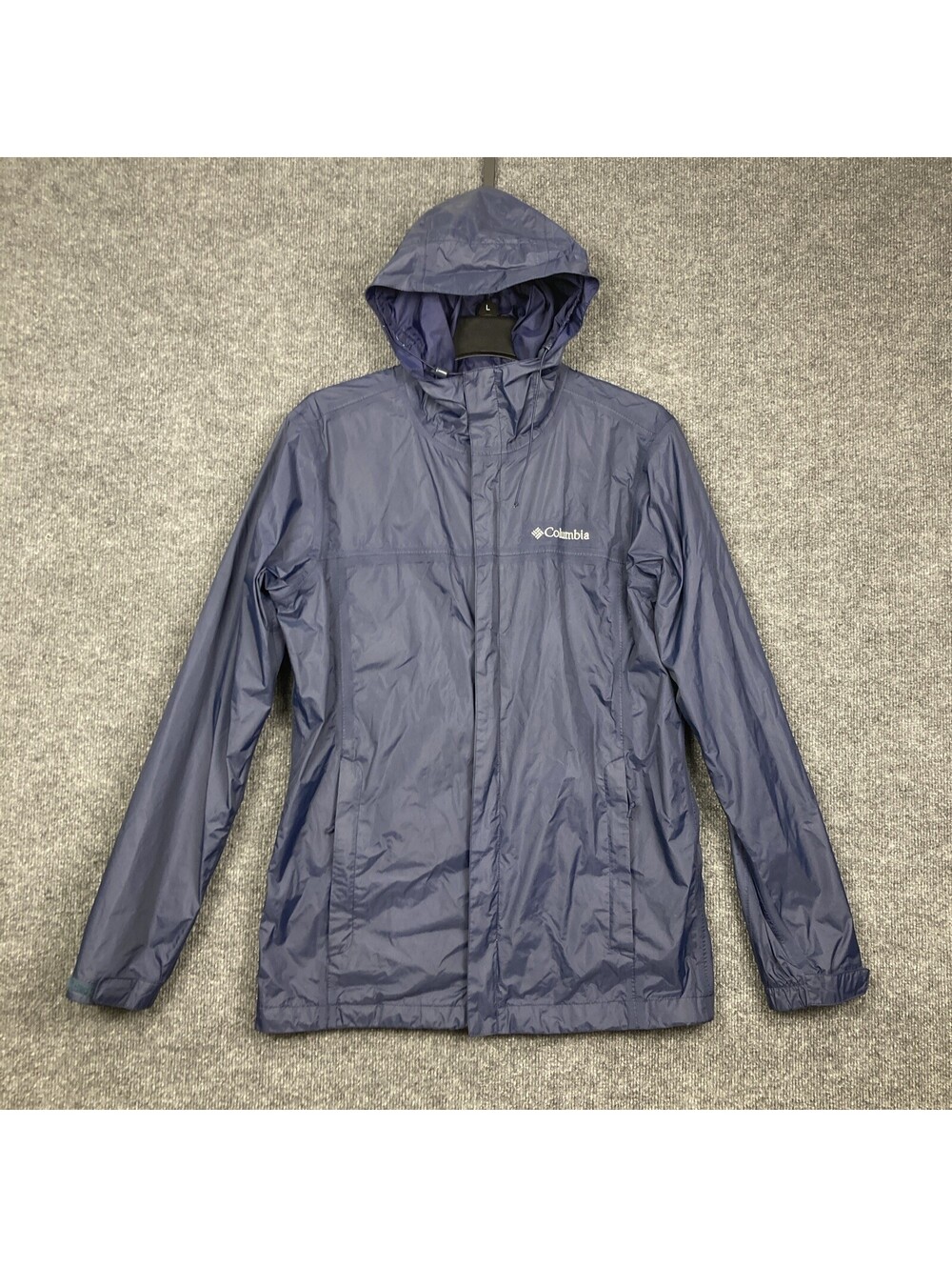 Columbia Mens Small Omni-Tech Navy Full Zip Pockets Hood Windbreaker Jacket EUC